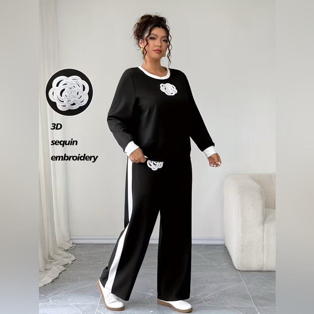 Black & White 3D Sequin Camellia Flower Pantsuit - Picture 4 of 15